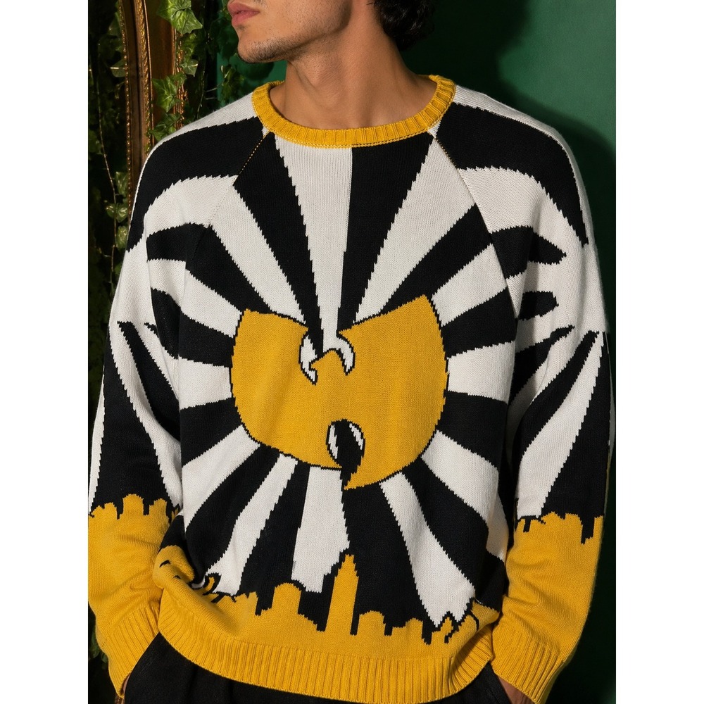 Wu-Tang Clan Knit Sweater Large 2016 Graphic Sunburst Skyline Black Yellow